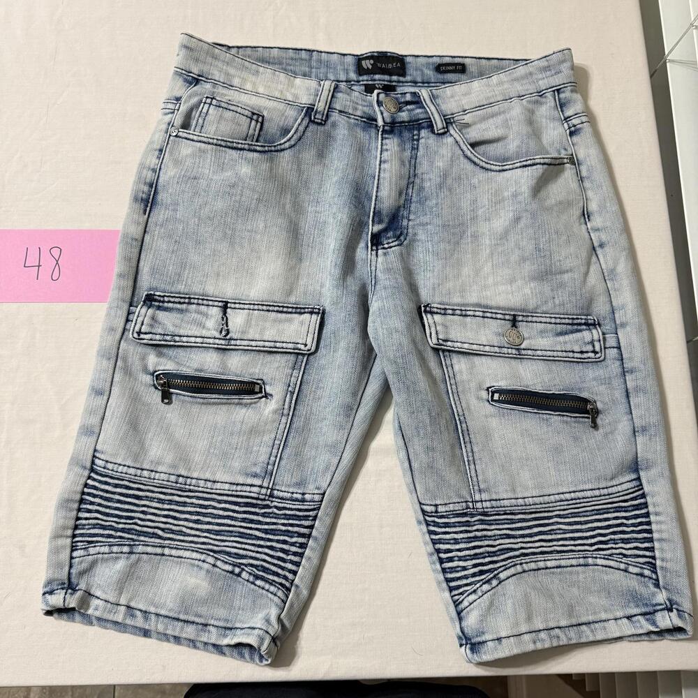 Waimea Men's Skinny Fit Light Blue Denim Cargo Shorts Size 30